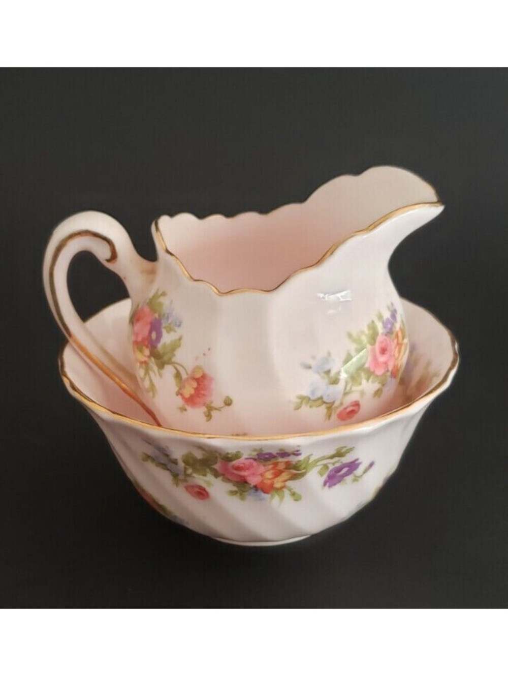 VTG Tuscan English Fine Bone China Open Sugar Bowl, Creamer Pink Floral